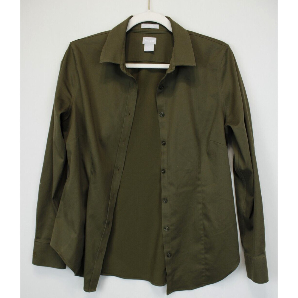 Chico's No Iron Chic Stretch Button Front Top Women 4 Long Sleeve Collared Olive - Picture 3 of 14